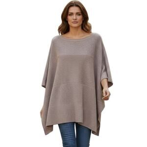 M. Rena Women Poncho Sweater One Size Beige Open Sleeve Ribbed Knit Cotton Tunic